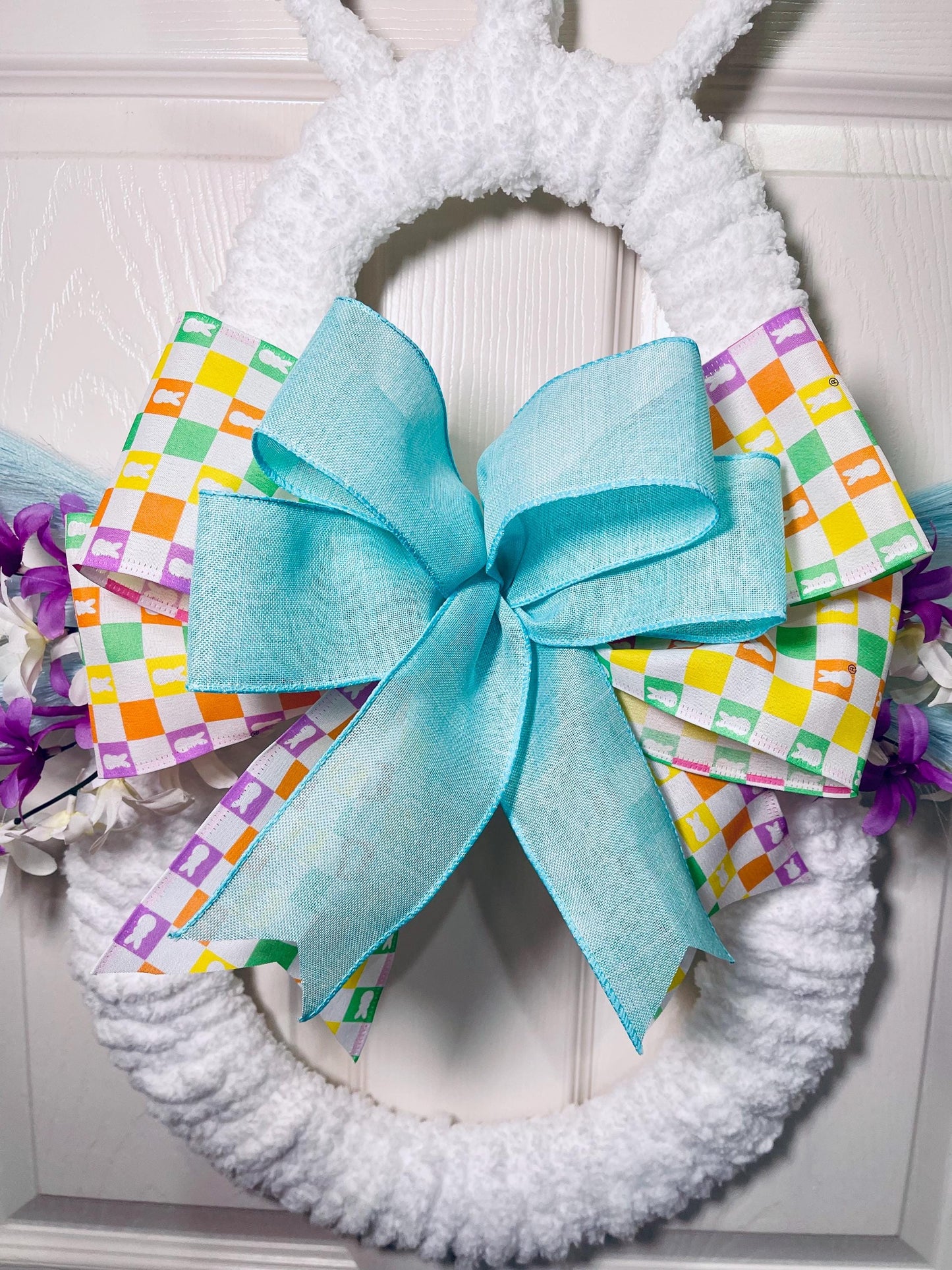 Large White Easter Bunny Door Decor Blue Bow Rabbit Door Decoration Spring
